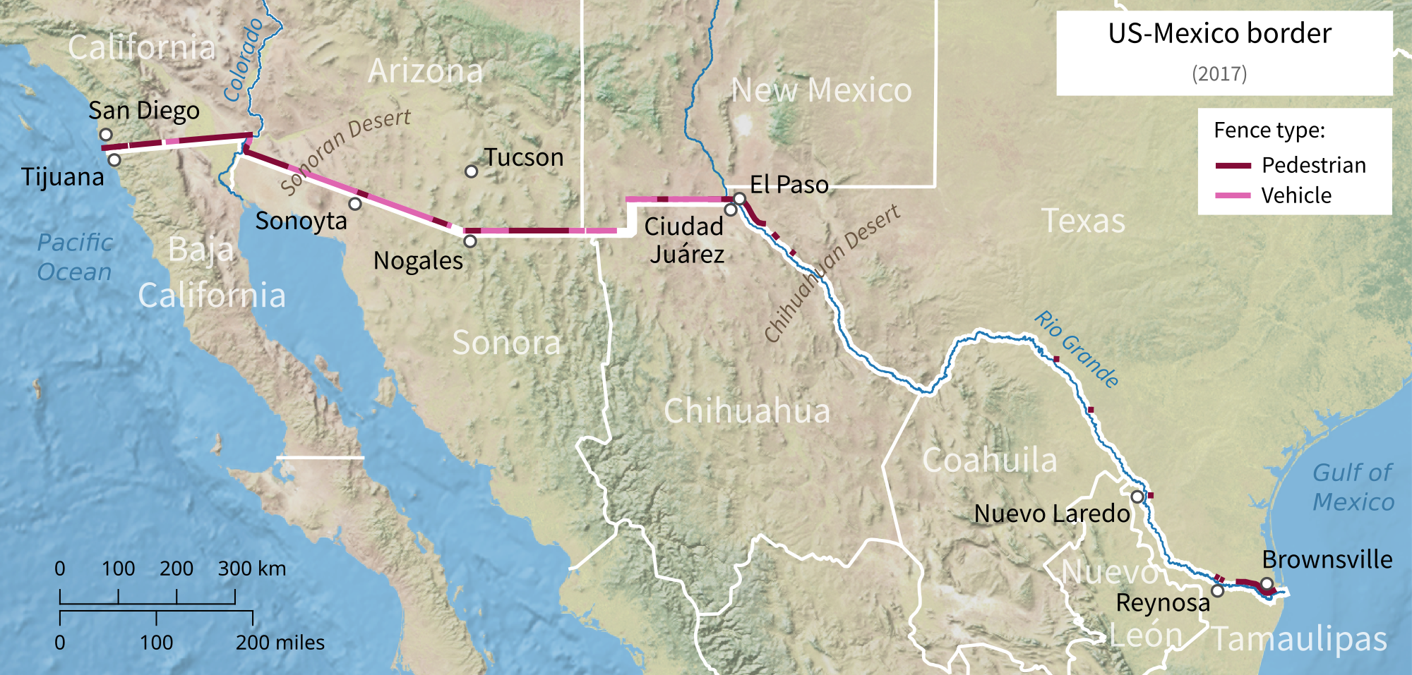 A section of steel border fencing along the Mexico-United States border in the desert.