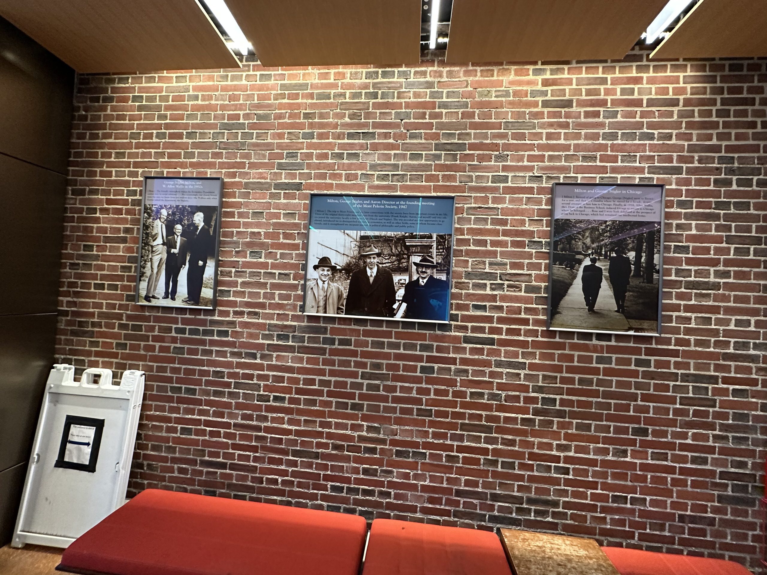 Display honouring Chicago school economists in Saieh Hall, University of Chicago