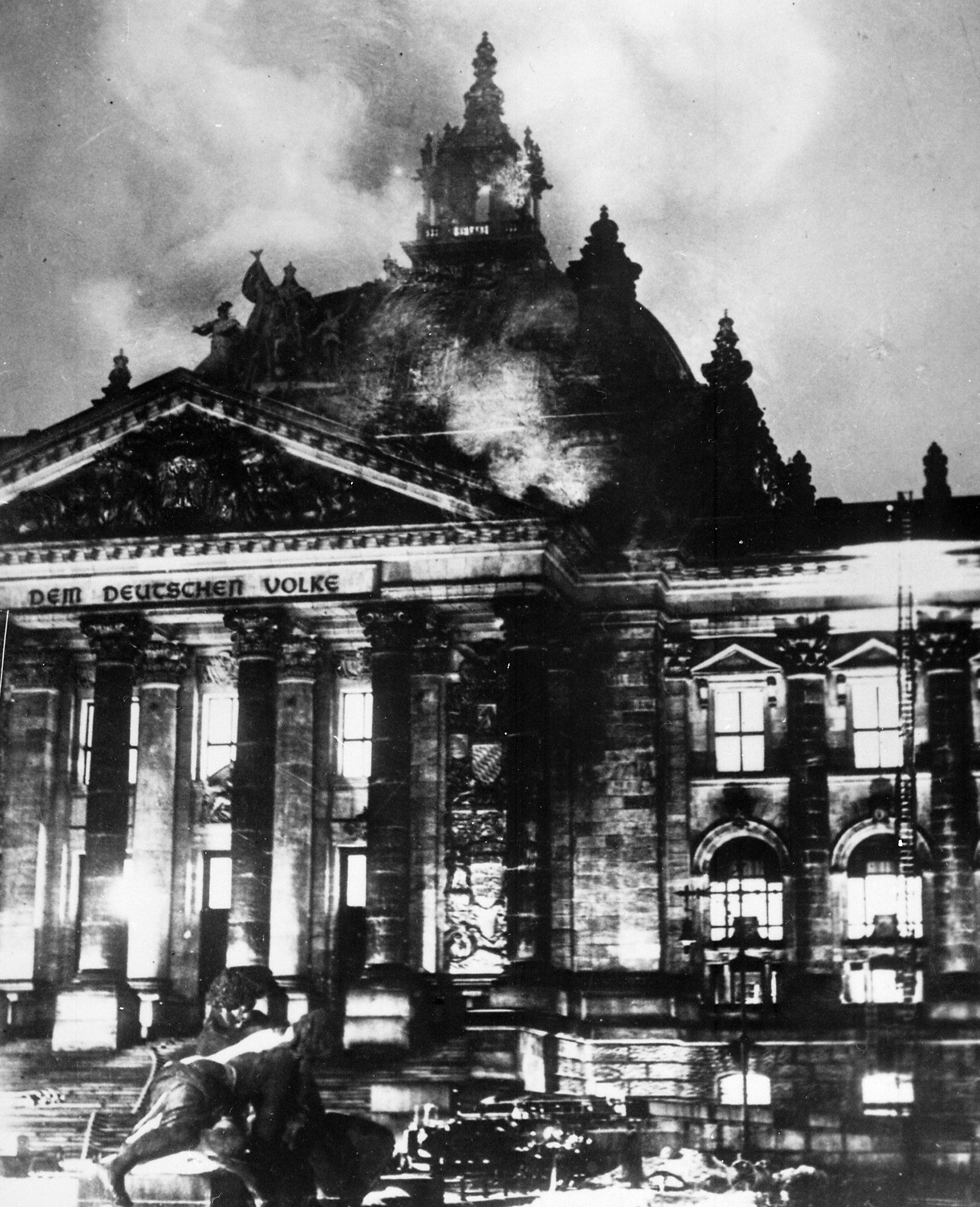 The Reichstag building in Berlin burning on 27 February 1933