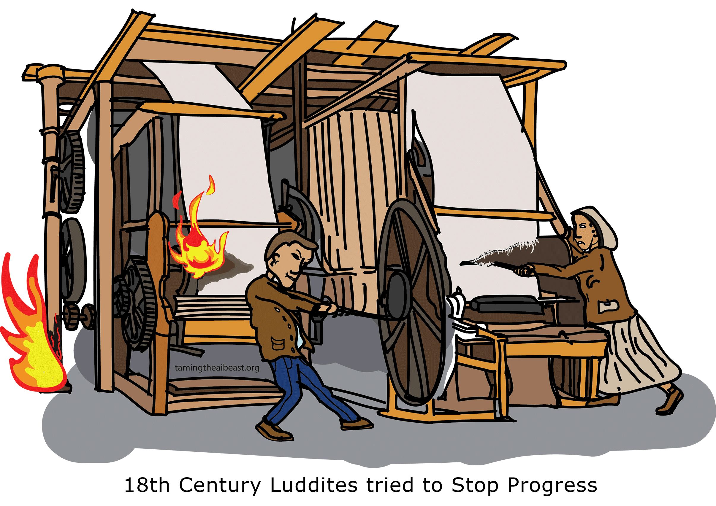 Illustration of Luddite workers destroying a textile machine in the English cloth districts
